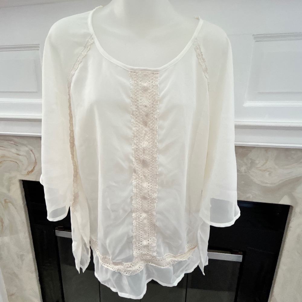 Chenault Sheer Lace Trim‎ Tunic Top Ivory Bell Sleeve Boho Women's L
